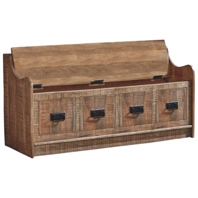 Garrettville Light Brown Solid Wood Storage Bench with Faux Drawers