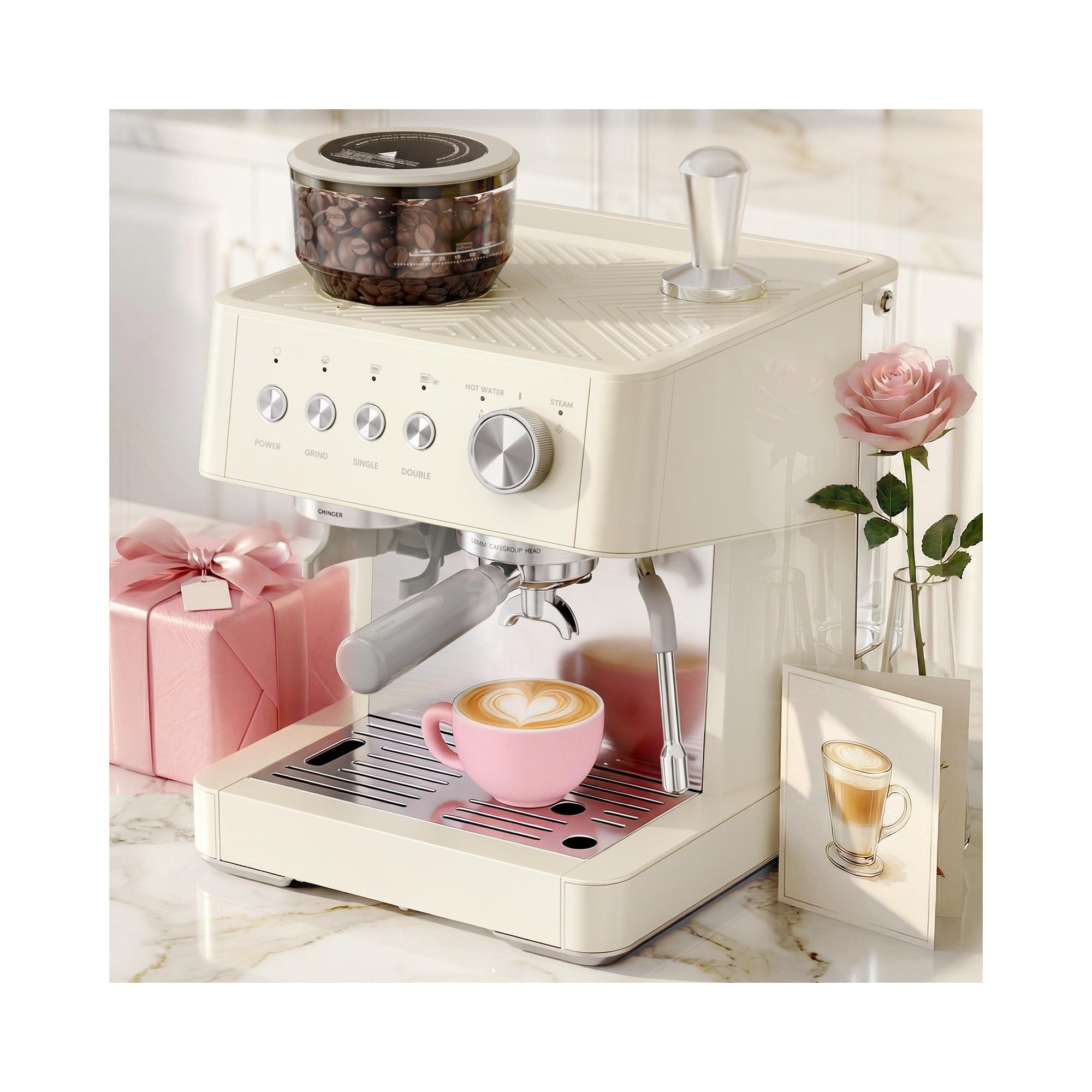 20 Bar Espresso Machines with Grinder, Professional Espresso Maker with Removable Water Tank, Milk Frother Steam Wand for Latte&Cappuccino, WHITE