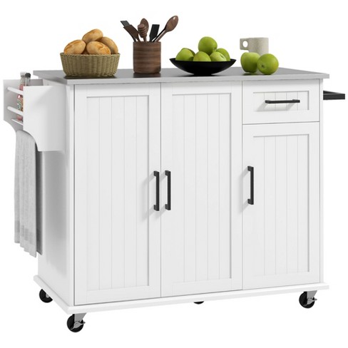 Rolling Kitchen Island with Storage, Portable Kitchen Cart with Stainless Steel Top, 2 Drawers, Spice, Knife and Towel Rack and Cabinets, Black HOMCOM
