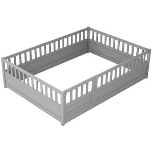 VYNXARIA Gray Wooden Floor Bed Frame Full Size with Ultra - High Safety Barrier and Door, Ideal for Children's Rooms and Bedrooms - 1 of 4