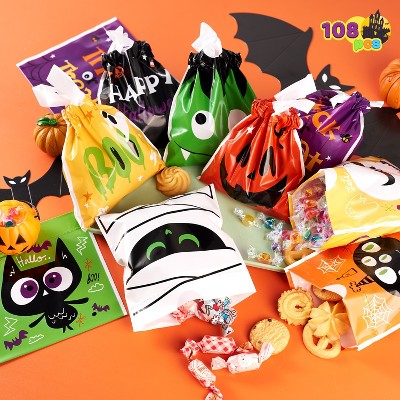 Joyfy 108 PCS Mini Halloween Drawstring Candy Bag, Party Favors Supplies, Goodie Trick or Treat Bag with 9 Character Designs for kids Classroom Gifts