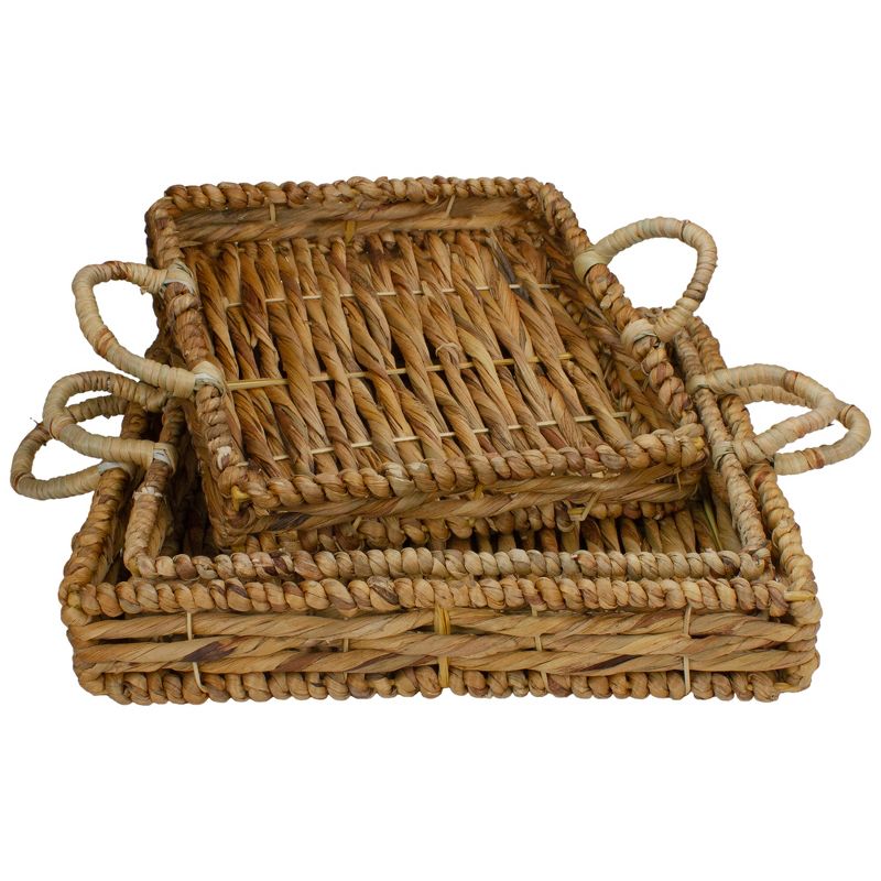 Northlight Set of 3 Square Natural Woven Water Hyacinth Serving Trays with Handles 16", 3 of 9
