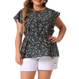 Agnes Orinda Women's Plus Size Crew Neck Floral Tie Waist Ruffle Flare Sleeve Blouses - 1 of 4