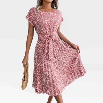 Womens Floral Pleated Dress Cap Sleeve Round Neck Belted Skater Midi Dress Short Sleeve Casual Dress for Summer