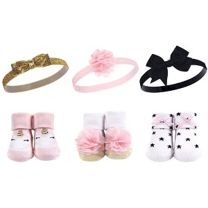 Hudson Baby Infant Girl Headband and Socks Giftset 6pc, Gold Unicorn Stars, One Size - 1 of 4