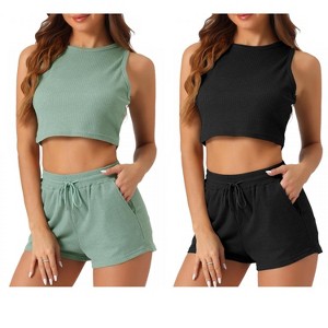 cheibear Women's 2 Pack Waffle Sleeveless Tank Top and Shorts Pajamas 2 Piece Sets - 1 of 4