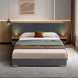 NicBex Queen/King Size Upholstered Bed Frame with Velvet Tufted Headboard,Platform Bed Frame with Floating Nightstand LED and USB Built-in,Green/Gray - 1 of 4