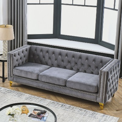 NicBex 80.5 Inch Velvet Buttons Tufted Couch 3-Seat Sofa with Metal Legs for Living Room,Small Space,Apartment,Gray