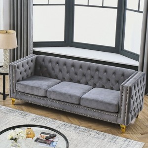 NicBex 80.5 Inch Velvet Buttons Tufted Couch 3-Seat Sofa with Metal Legs for Living Room,Small Space,Apartment,Gray - 1 of 4