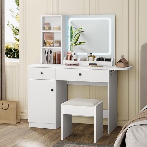 Vanity Desk with Mirror and LED Light, Makeup Vanity Desk with Drawers and Open Shelf and Storage Cabinet - 1 of 4