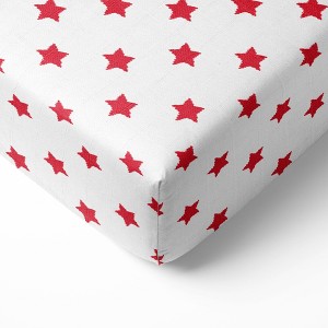 Bacati - Stars Red Ikat Muslin 100 percent Cotton Universal Baby US Standard Crib or Toddler Bed Fitted Sheet - 1 of 4