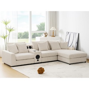 GDFStudio Sarah 114" Corduroy L-Shaped Sectional Sofa with Bluetooth Speakers and Movable Ottoman - 1 of 4