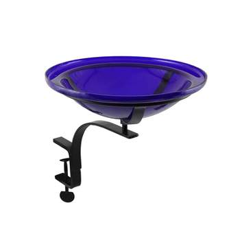 13.7" Glass Reflective Crackle Birdbath Bowl with Rail Mount Bracket Cobalt Blue - Achla Designs