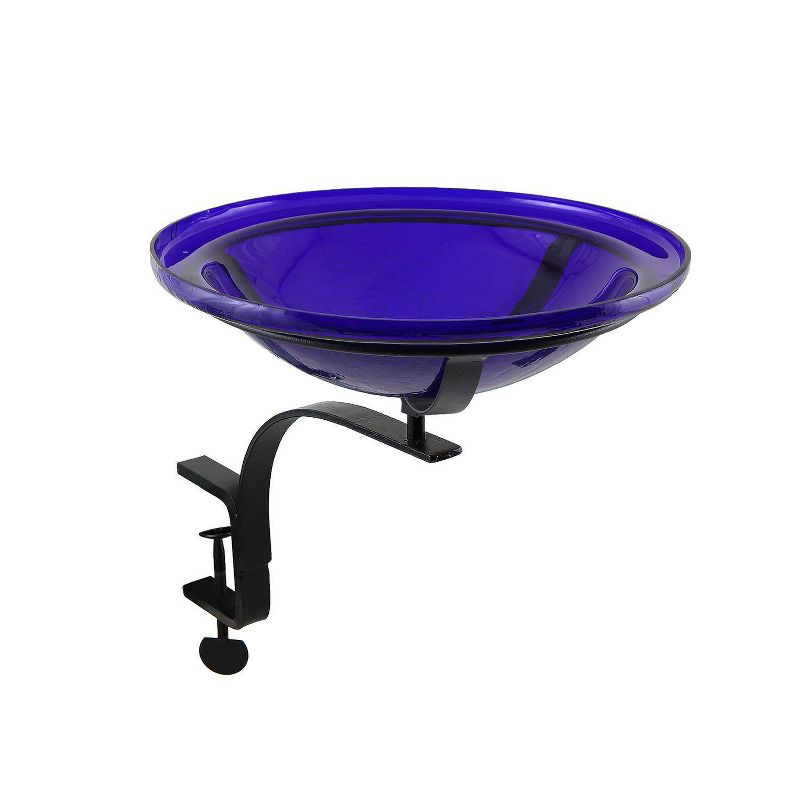 13.7&#34; Glass Reflective Crackle Birdbath Bowl with Rail Mount Bracket Cobalt Blue - Achla Designs, 1 of 5