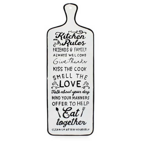 AuldHome Design-Enamelware Kitchen Rules Sign, Wall Plaque White