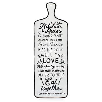 AuldHome Design White Kitchen Rules Rustic Metal Sign; Farmhouse Enamelware Cutting Board Shaped Plaque