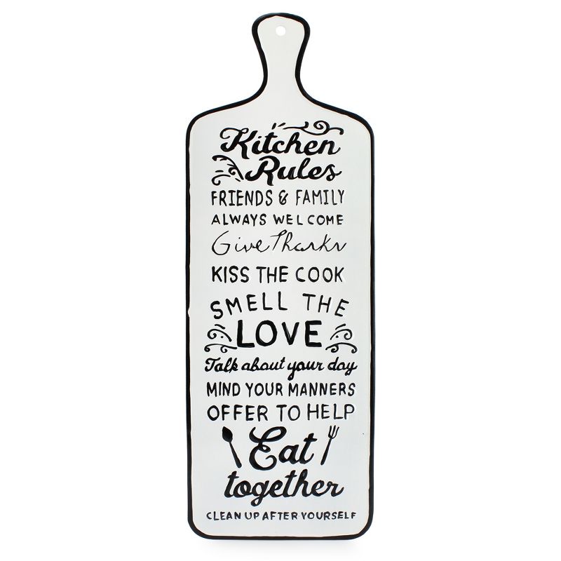 AuldHome Design White Kitchen Rules Rustic Metal Sign; Farmhouse Enamelware Cutting Board Shaped Plaque, 1 of 9