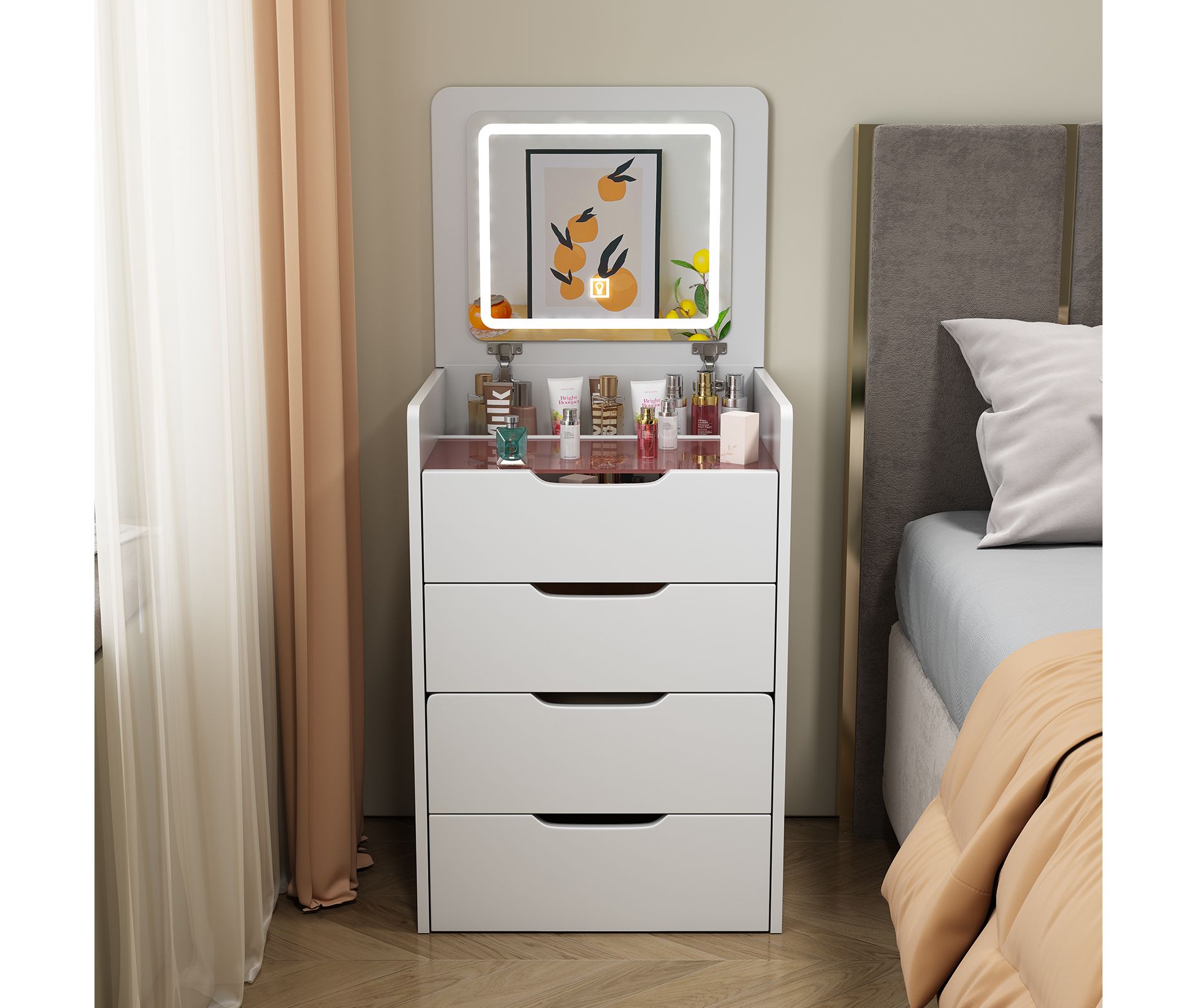 3 in 1 Vanity Desk with Plip Top Mirror,Small Make Up Vanity Set with Visible Glass Desktop