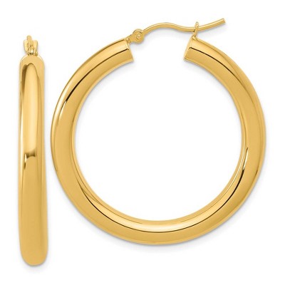 Black Bow Jewelry 4mm x 34mm (1 5/16 Inch) 14k Yellow Gold Classic Round Hoop Earrings