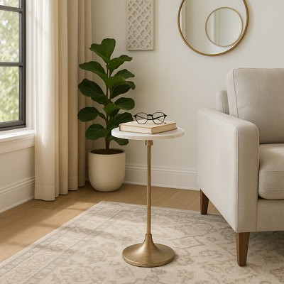 Elegant End Table, Side Table, or Small Night Stand for Room Decor - Slim Metal Drink Table with Marble Top and Trumpet Base