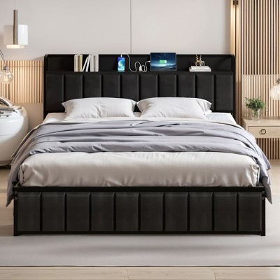 VECELO Twin/Full/Queen Size Metal Frame Platform Bed Frame with Storage Charging Station, Black/Gray