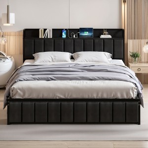 VECELO Twin/Full/Queen Size Metal Frame Platform Bed Frame with Storage Charging Station, Black/Gray - 1 of 4