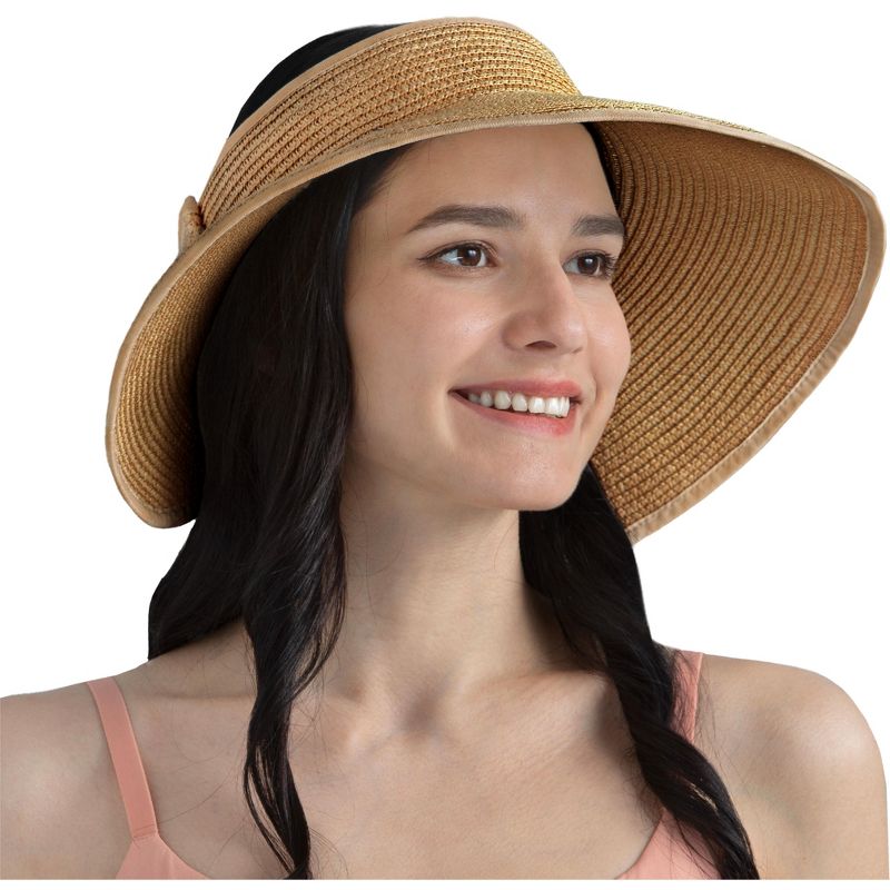 SUN CUBE Womens Sun Visor Hat, Beach Straw Roll Up Ponytail Hat, Wide Brim Sun Hat for Summer UV Protection Foldable, 2 of 8