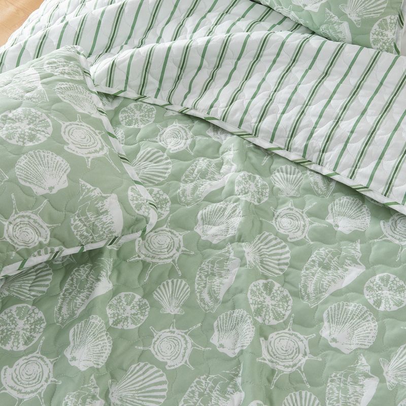 Green Seashell Microfiber Reversible Quilt Set With Shams, 2 of 7