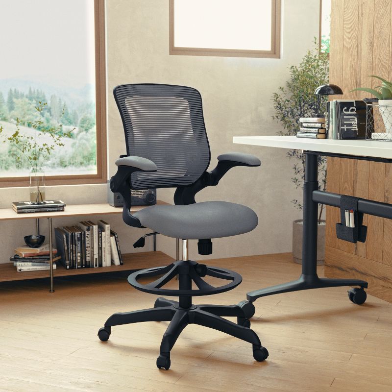 Emma and Oliver Mid-Back Mesh Ergonomic Drafting Chair with Foot Ring and Flip-Up Arms, 3 of 15