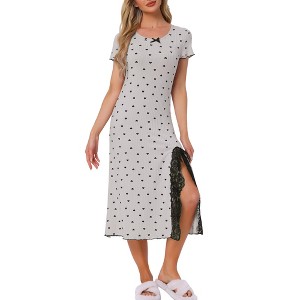 INSPIRE CHIC Women's Short Sleeves Heart Print Lace Trim Slit Side Ribbed Knit Long Nightgowns - 1 of 4