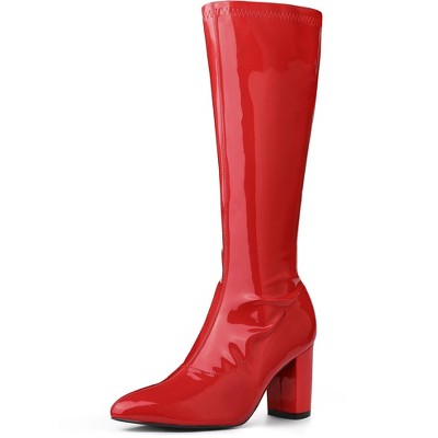 Perphy Women's Patent Leather Chunky Heels Knee High Boots