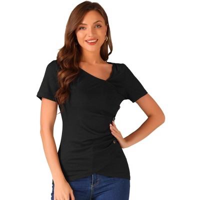 Allegra K Women's Knit Short Sleeve Irregular Neck Ruched Side Blouse