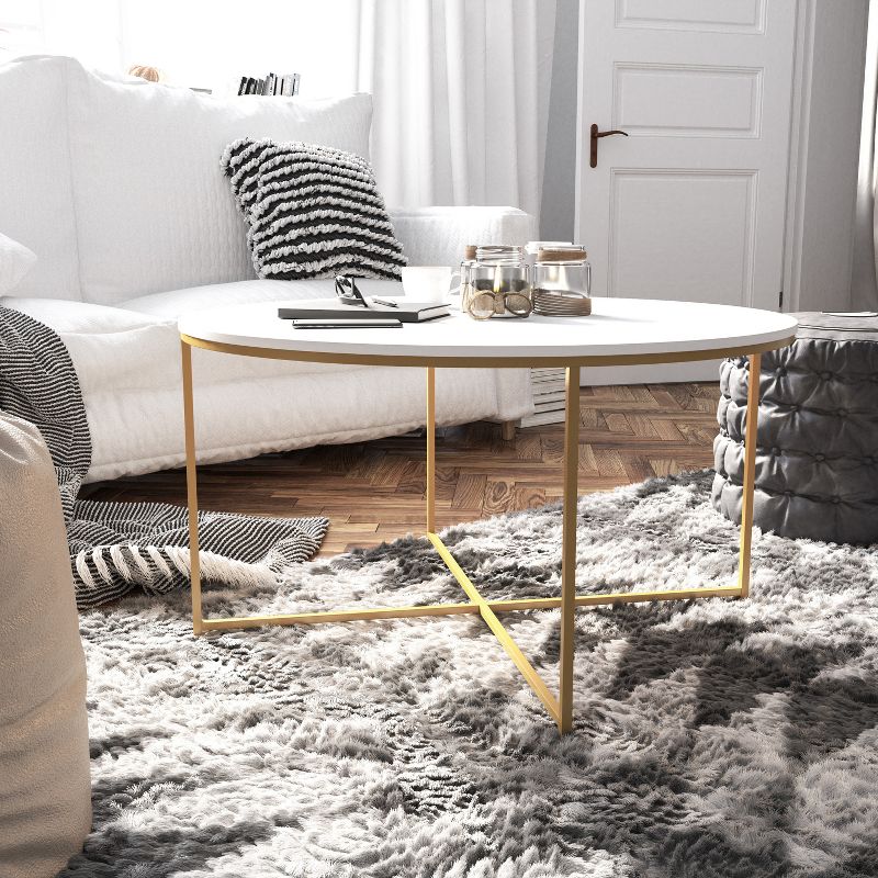 Emma and Oliver White Laminate Living Room Coffee Table with Crisscross Brushed Gold Metal Frame, 2 of 10