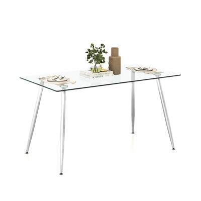 Modern Clear Glass Rectangular Dining Table with Silver Metal Legs