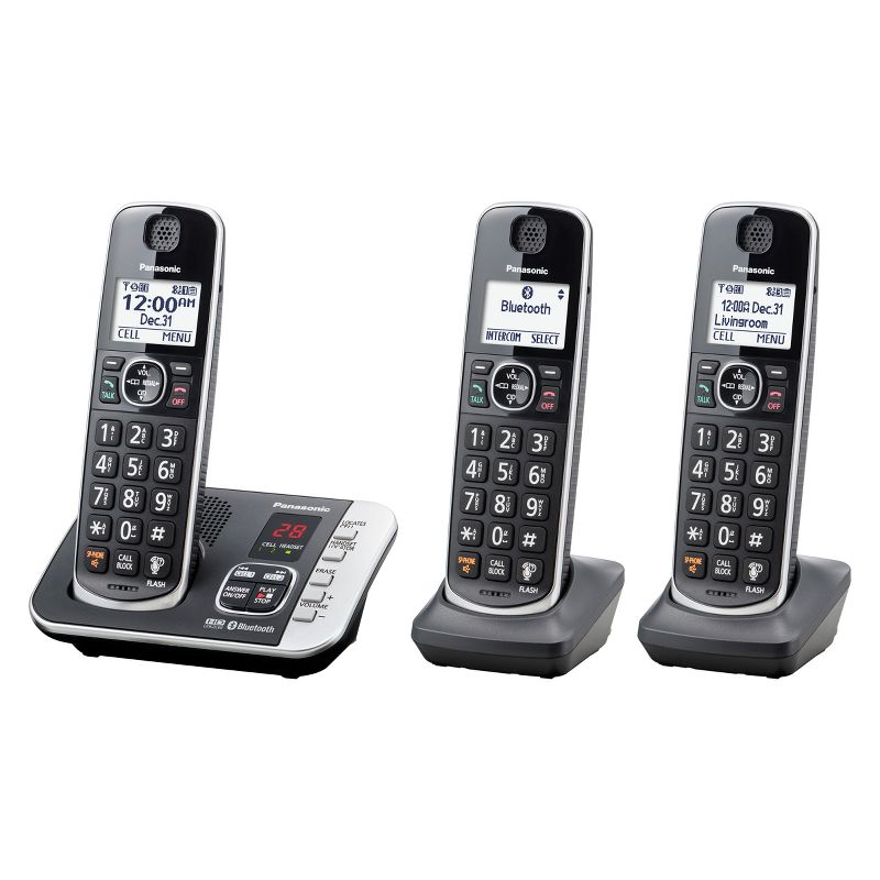 Panasonic Cordless Phone with Link to Cell and Digital Answering Machine, 3 Handsets - Black (KX-TGE663B), 2 of 4