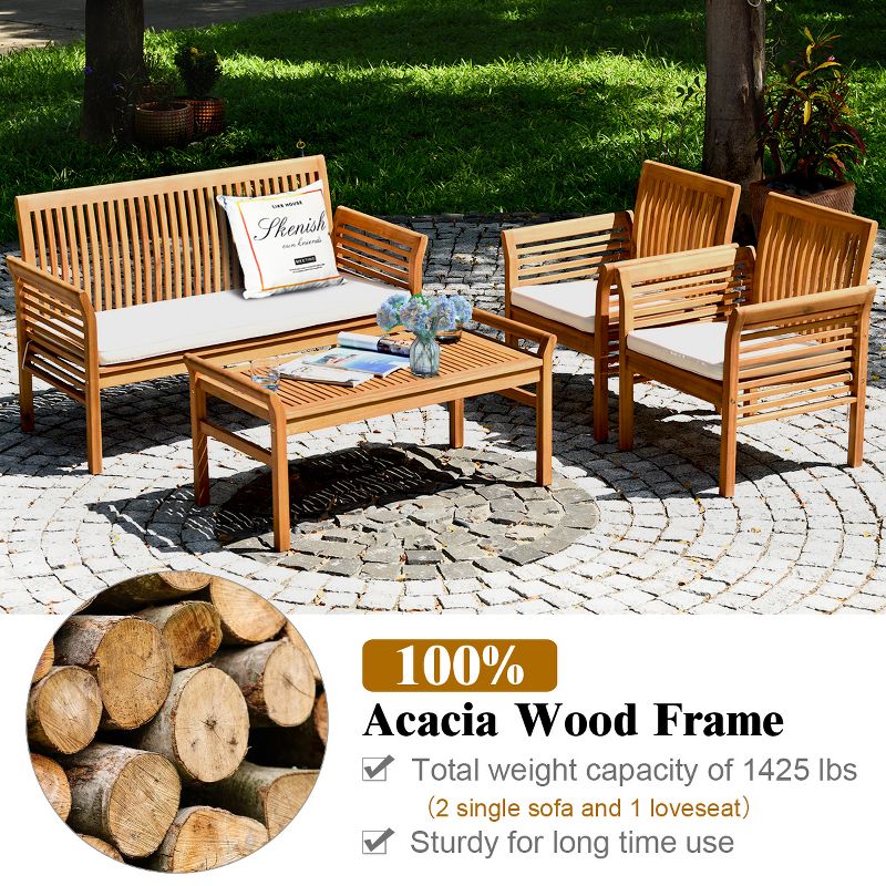 Costway 4 PCS Outdoor Acacia Wood Sofa Furniture Set Cushioned Chair Coffee Table Garden, 4 of 11