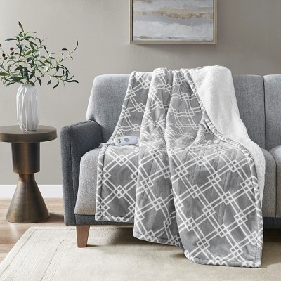 Plush to Faux-Shearling Heated Throw Blanket - Geometric Print with 5 Heat Settings, 3-Hour Auto Shut-Off, Machine Washable for Cozy Comfort