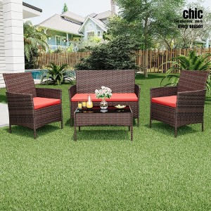 Jojoka 4-Piece Patio Furniture Set, All-Weather Rattan Chairs with Cushions and Glass Table, Outdoor Wicker Conversation Set for Porch, Lawn, Garden - 1 of 4