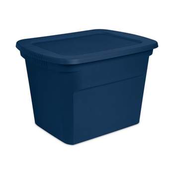 Sterilite Lidded Stackable 18 Gal Storage Tote Container w/ Handles & Indented Lid for Efficient, Space Saving Household Storage, Marine Blue, 24 Pack