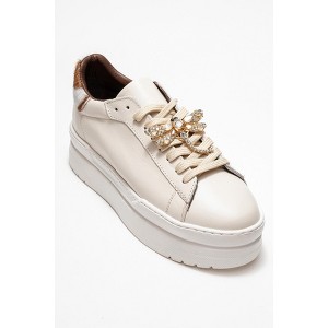 Laren - Light Beige Leather Buckle Sneaker (Women) | Forever & Always Shoes - 1 of 4