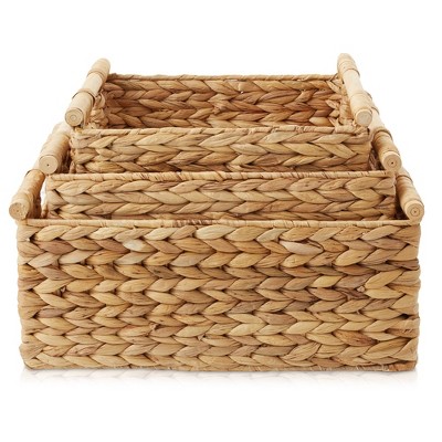 Set of 3 Natural Water Hyacinth Rectangular Storage Baskets with Wooden Handles