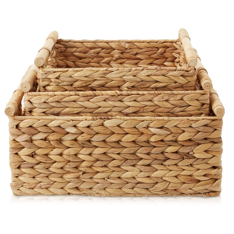 Casafield (Set of 3) Water Hyacinth Rectangular Storage Baskets with Wooden Handles - Small, Medium, Large Woven Nesting Baskets, 3 of 7