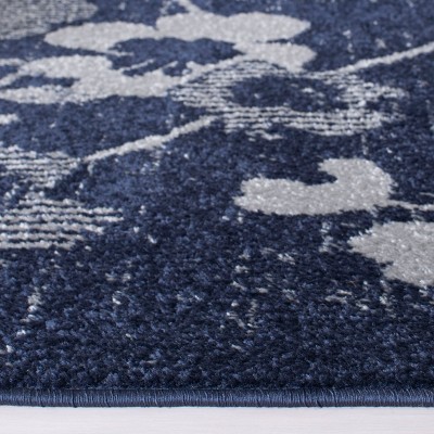 Chic Navy and Silver Synthetic 2'6" x 12' Floral Runner Rug