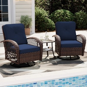 UPHA 3-Piece Patio Outdoor Wicker Swivel Rocking Chair Set with Side Table and Cushions - 1 of 4
