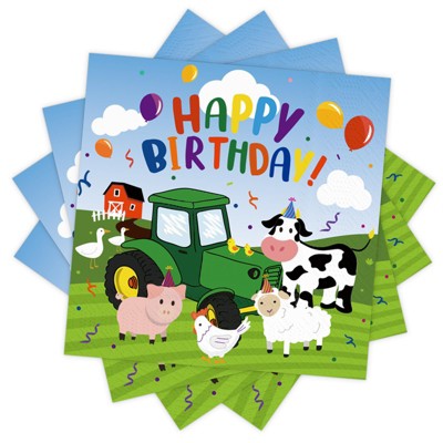DYLIVeS Farm tractor Party Napkins, Farm Animal Happy Birthday Paper Napkins Farm House Theme Birthday Party Decorations Cow Pig Sheet Chick Napkins