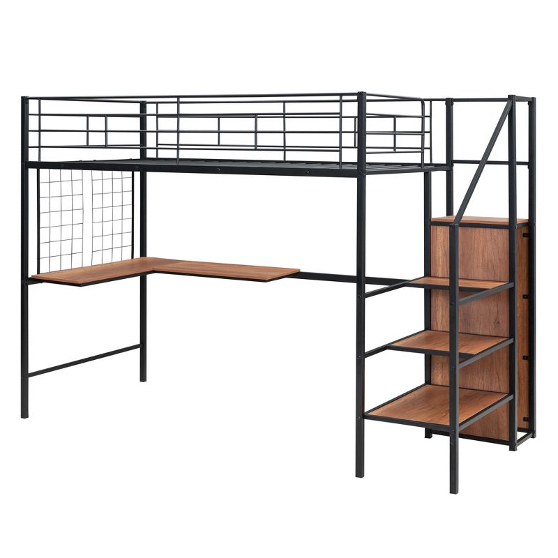 Twin Size Metal Loft Bed with Desk and Metal Grid, Stylish Metal Frame Bed with Storage Ladder and Wardrobe - ModernLuxe, 5 of 13