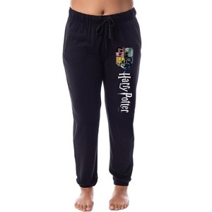 Harry Potter Womens' All Hogwarts House Crest Sleep Jogger Pajama Pants Black - 1 of 3
