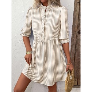 Coolmee Womens Babydoll Mini Dress Puff Sleeve Ruffle Stand Collar V Neck Button Striped Short Dresses - 1 of 4