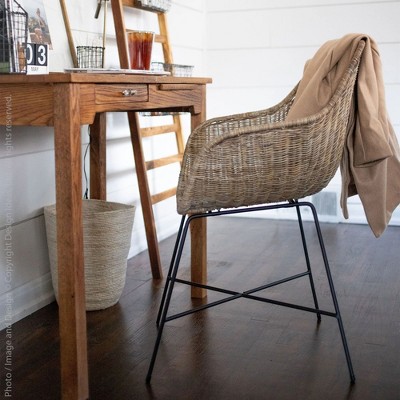 Natural Woven Rattan Arm Chair with Black Metal Legs