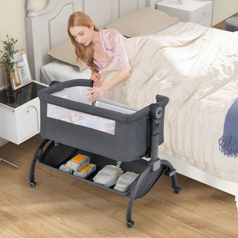 Babyjoy 3-in-1 Portable Baby Bassinet Bedside Sleeper Cradle with Mattress& Storage Basket, 2 of 11